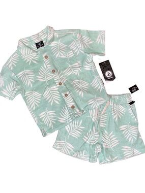 Volcom Light Green White Palm Terry Cloth Shorts Button Collar Shirt Set NWT 3T